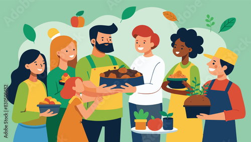 A community potluck organized to celebrate the success of the composting project where everyone brings a dish made with ingredients grown from the neighborhoods own soil.. Vector illustration