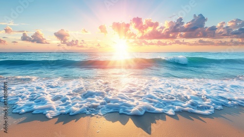  The sun sets over the ocean, waves crashing onto the sand and frothing with foam