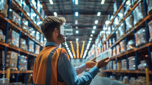 A warehouse manager using a virtual digital management system through augmented reality technology in modern warehouse. Generative AI. © visoot