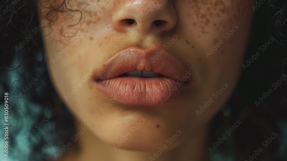 Fototapeta premium A close-up of a woman's face, adorned with freckles on her cheeks and lips