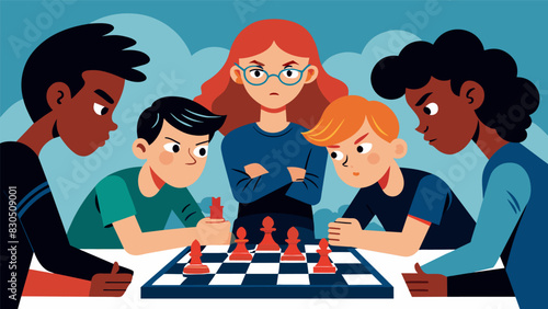 Fierce determination was etched on the faces of the school chess club members as they engaged in a heated game their fingers hovering over the pieces.. Vector illustration