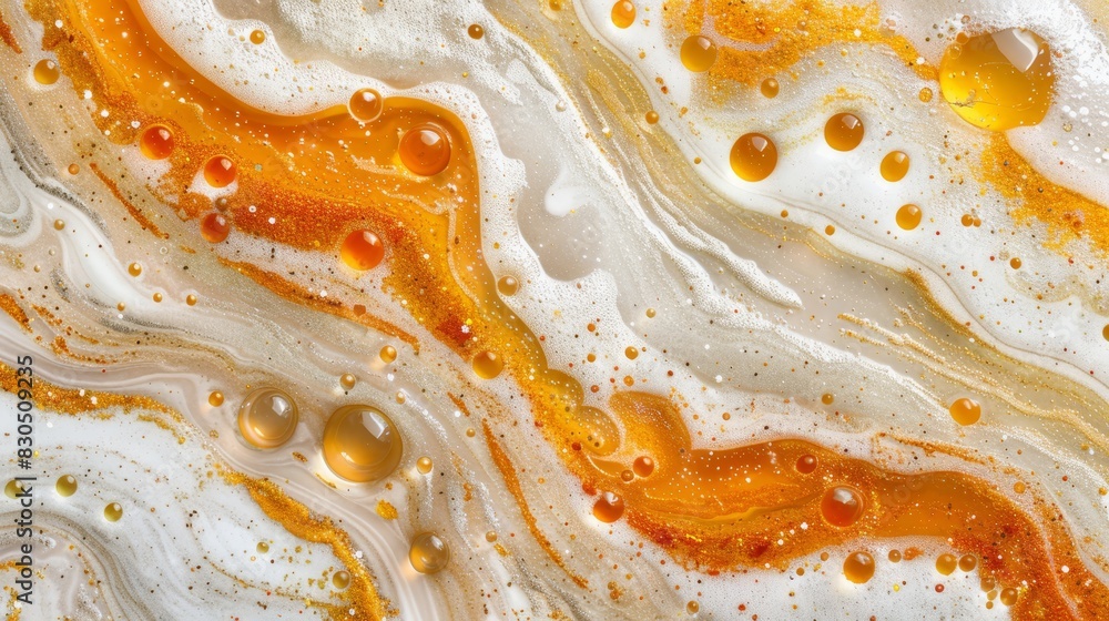 Obraz premium A tight shot of a white, orange, and yellow multilayered surface with bubbles and water droplets at its base