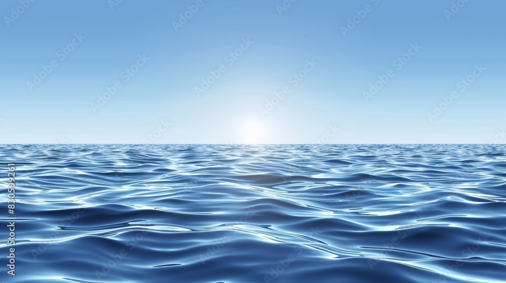A large body of water beneath a blue sky, with the sun casting golden rays upon its blue horizon A large body of water beneath a blue sky, with the sun casting golden rays upon its blue horizon