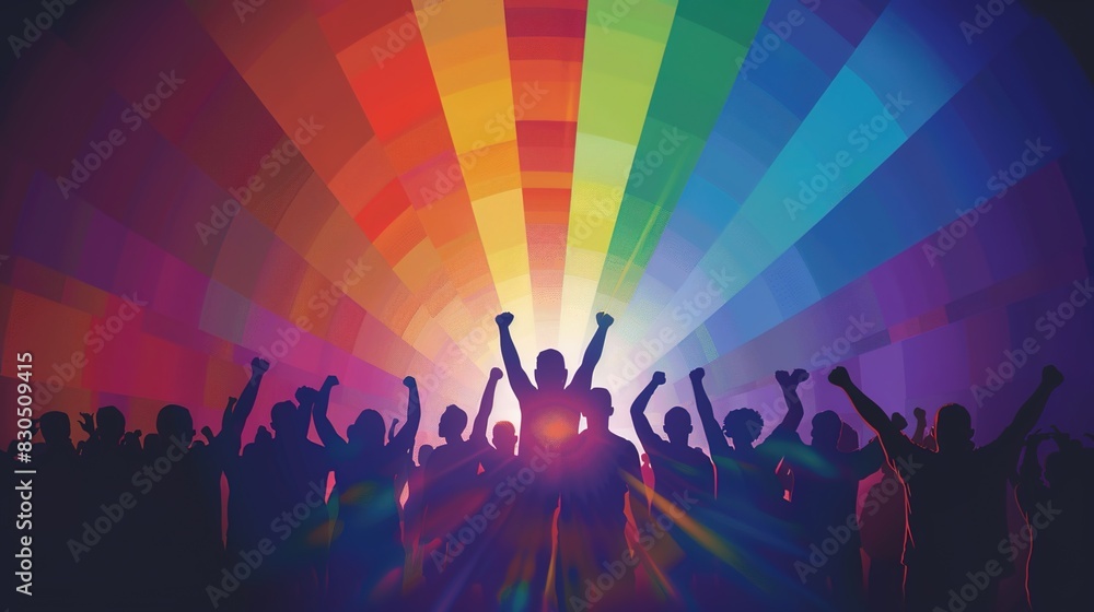Celebration for Pride Month 2024: Empowering and united LGBTQ+ activists stand strong on stage with fists raised in solidarity. Vibrant rainbow flag backdrop and cheering crowd. Celebration for Pride Month 2024: Empowering and united LGBTQ+ activists stand strong on stage with fists raised in solidarity. Vibrant rainbow flag backdrop and cheering crowd.