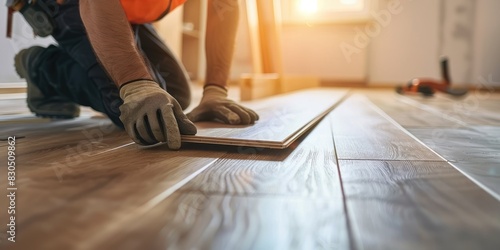 Worker installing wood laminate flooring
