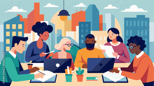 In the heart of the busy city a group of writers meet at a shared workspace to collaborate and exchange ideas. With their diverse backgrounds and writing styles this neighborhood. Vector illustration