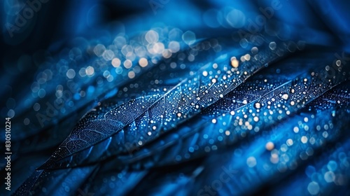  A close-up of a single blue feather, dotted with numerous water drops Repeated mention of feathers is redundant and can be removed for clarity