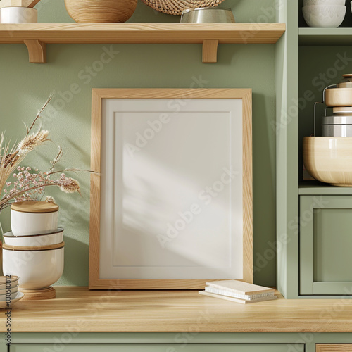 Sage green kitchen with minimalist shelves showcasing medium blank frames.