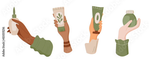 Organic moisturizing hygiene cream bottle in hand, cartoon antiaging skincare product jar, colorful isolated skin care lotion tube, flat cleansing makeup pack collection, vector illustration.