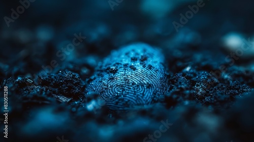  A tight shot of a blue fingerprint imprinted on the ground In the picture's heart, a hazy fingerprint silhouette emerges against blackness