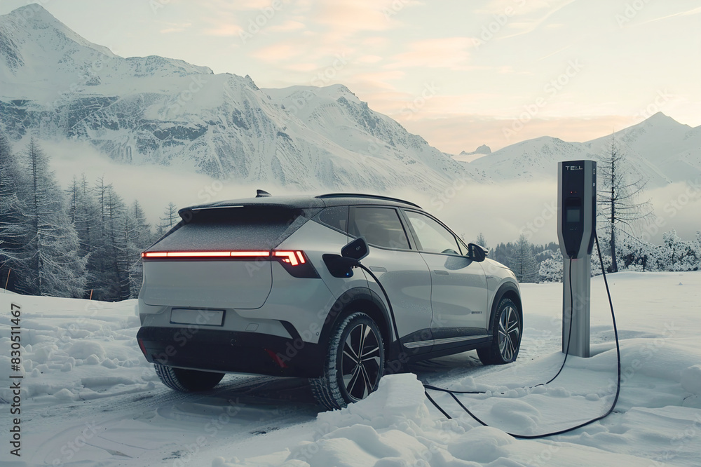 Naklejka premium Remote mountain area with electric car charging stations, mobility solutions for electric vehicles.
