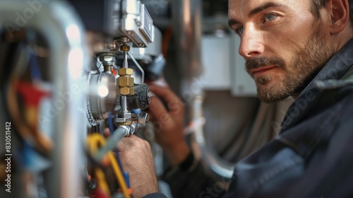 Closeup of a man using a screwdriver to repair a gas boiler indoors. Generative AI. © visoot