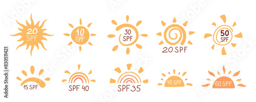 Sun symbols with uv protection factor and spf set, cartoon sun block logos collection, isolated hand drawn uv block icon for sunscreen container, cream bottles and flat sunscreen cosmetic tube.