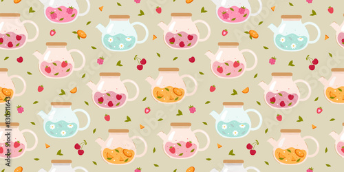 Pattern with glass teapots with different flavors