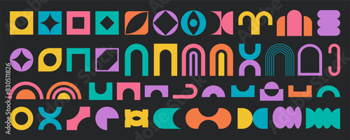 Geometric bold brutal element design collection, minimal futuristic swiss silhouette shape illustration, vintage trendy cartoon figure for poster graphic or sticker pack, modern retro pop art sign set