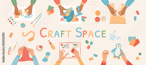 Flat handicraft art workshop banner concept, handmade DIY handcraft activity collection, colorful hands knitting craftwork art class concept, creative hobby top view illustration.
