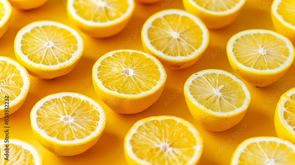 A group of sliced lemons sits atop a yellow surface One is halved, with the other positioned in the center of the arrangement A group of sliced lemons sits atop a yellow surface One is halved, with the other positioned in the center of the arrangement