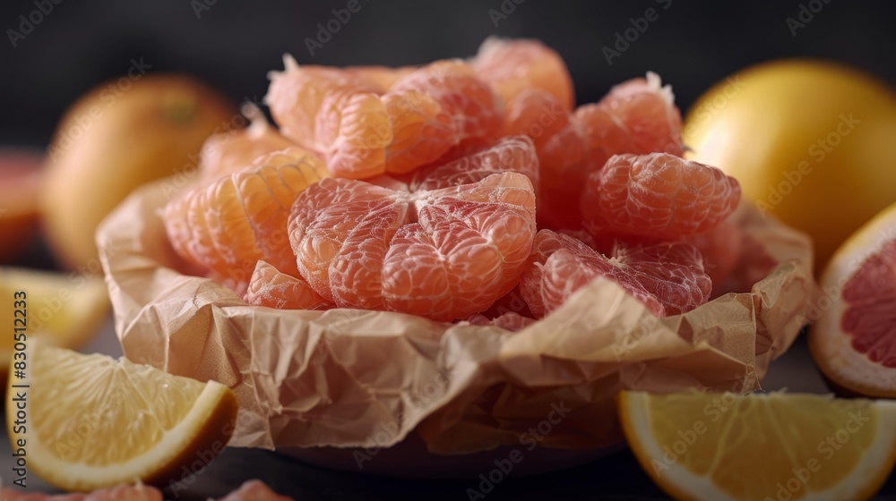 A collection of oranges atop a table Nearby, lemons and a grapefruit rest on separate areas of the table, each covered by a piece of wax paper A collection of oranges atop a table Nearby, lemons and a grapefruit rest on separate areas of the table, each covered by a piece of wax paper