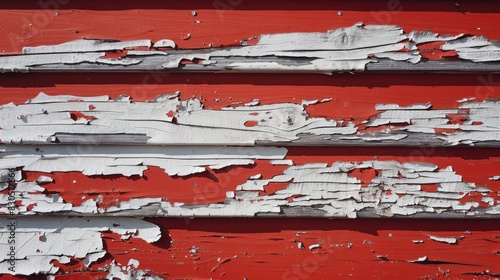 Peeling white paint on bright red building s pine clapboard exterior wall photo