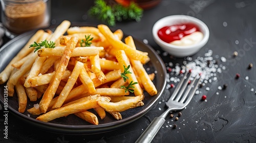 A plate of golden French fries with ketchup and mayonnaise