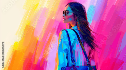 Highresolution illustration of a stylish woman flaunting a designer handbag in vibrant colors, modern and sleek. photo