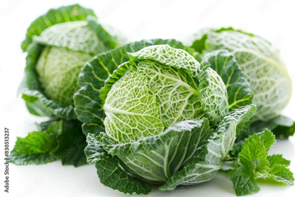 Three large green cabbage heads are piled on top of each other Three large green cabbage heads are piled on top of each other