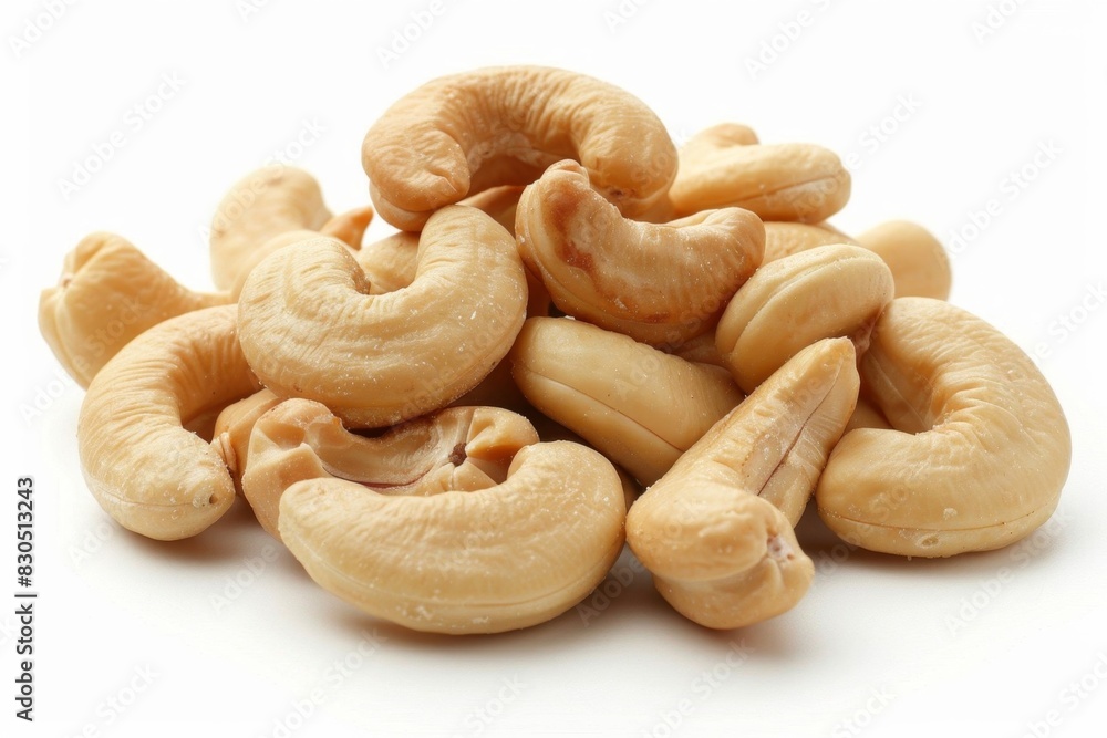 A pile of cashews on a white background A pile of cashews on a white background
