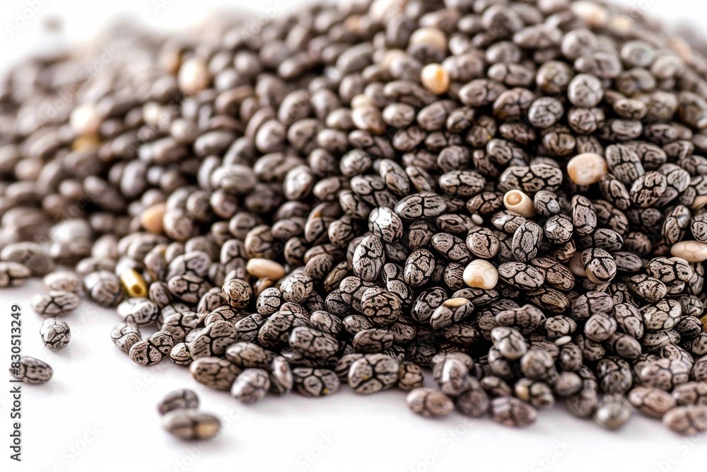 A pile of black and white seeds with a white background A pile of black and white seeds with a white background