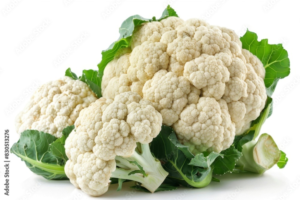 A head of cauliflower sits on a white background A head of cauliflower sits on a white background