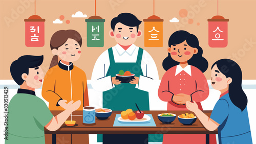 During the Korean Language Day the club members visited a Korean restaurant and practiced ordering meals in Korean with the help of their language tutor.. Vector illustration