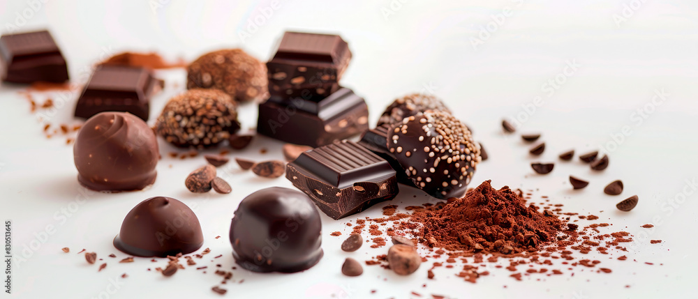 Bunch of chocolate bars and chocolate covered balls spread out on white surface Bunch of chocolate bars and chocolate covered balls spread out on white surface