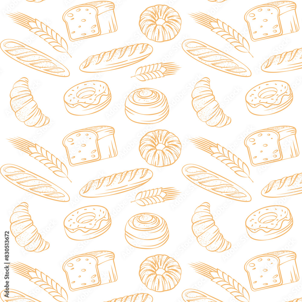 A seamless pattern of hand drawn line art depicting various delicious baked goods A seamless pattern of hand drawn line art depicting various delicious baked goods