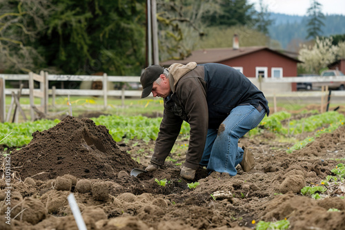 Workers composting organic matter, nutrient-rich soil in biodynamic farming systems. © Degimages
