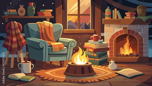 Cozy Evening by the Fireplace with Books and Warm Drinks