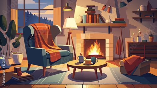 Cozy Evening in a Warm Living Room with Fireplace