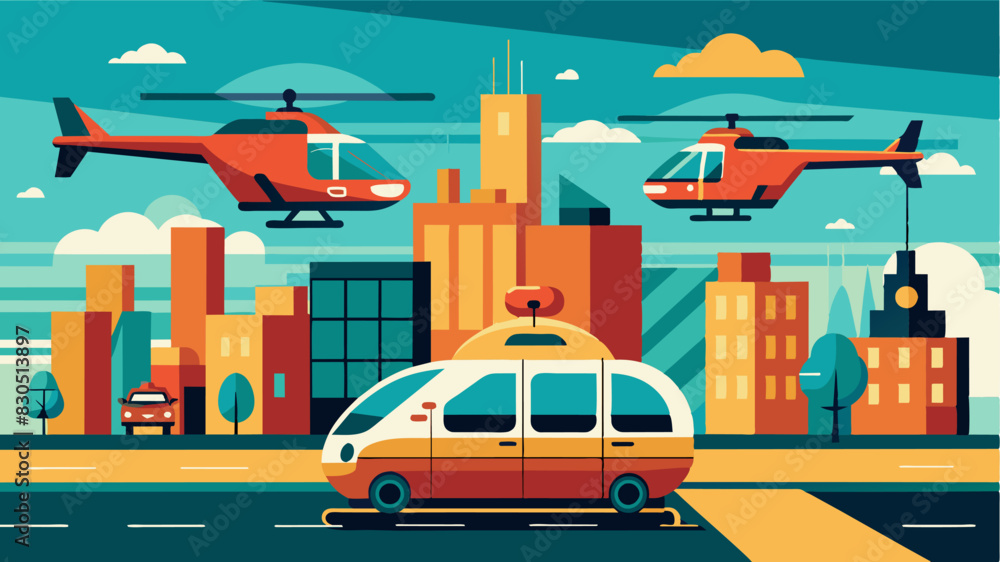 Fototapeta premium Thanks to AI coordination and advanced algorithms air taxis are able to predict and avoid potential traffic congestions rerouting as necessary to provide the most efficient and. Vector illustration