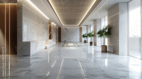 Create a lobby can be used as a reception hall for a great wedding center  White color Concrete ceramic tiles and wood color  White flat top with White concrete flat flooring. Generative AI.