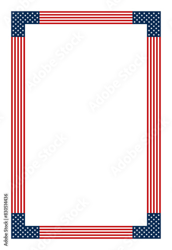 American flag motif, vertical rectangle frame. Decorative rectangular border made of made with stars and stripes pattern, based on the national flag of the United States. Isolated illustration. Vector