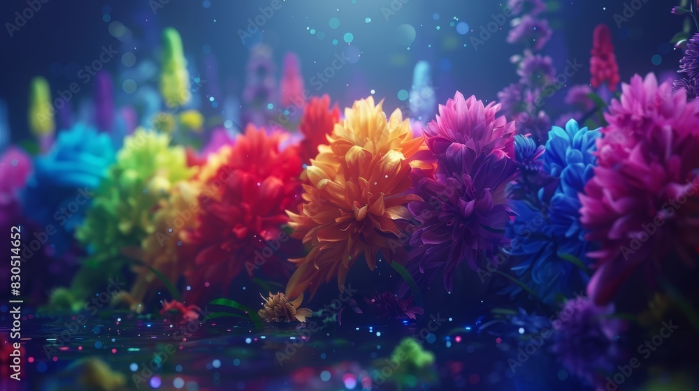 A vibrant cluster of flowers sits atop a mirror-like puddle, reflecting the brilliant light beneath A vibrant cluster of flowers sits atop a mirror-like puddle, reflecting the brilliant light beneath