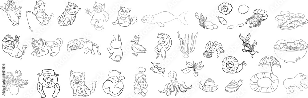 Set of Cat cartoon for printing on sticker.Cat vector illustration for coloring book on white isolated background.