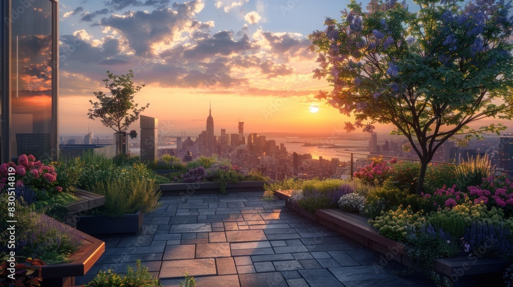 Fototapeta premium Witness the renaissance of rooftop gardens, where urban jungles transform into verdant sanctuaries, nourished by technology.