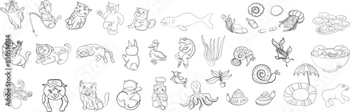 Set of Cat cartoon for printing on sticker.Cat vector illustration for coloring book on white isolated background.