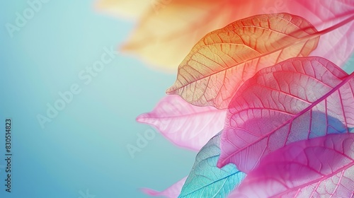  A tight shot of a multihued leaf against a backdrop of a blue sky A pink  green  yellow  and red foliage leaf lies in the foreground