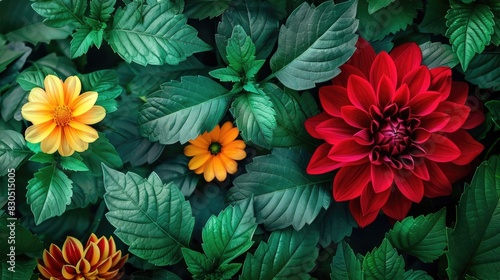 Red Dahlia Flower on a natural garden backdrop with green leaves and yellow blossoms