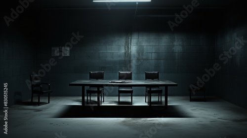 A dimly lit interrogation room with a table and chairs, perfect for suspenseful and mysterious scenes.