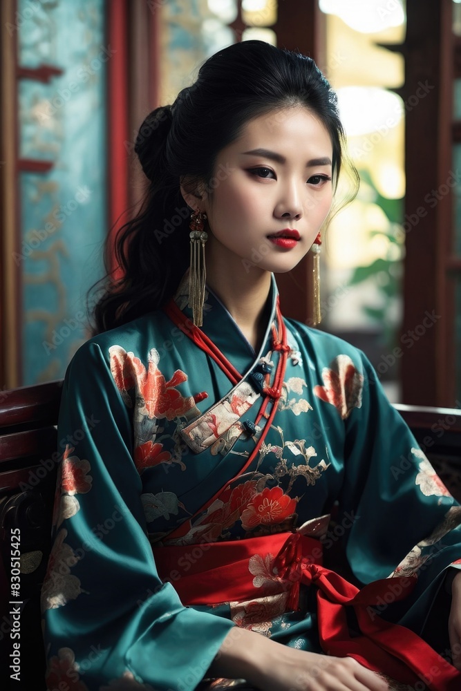 a beautiful woman in a traditional dress sitting on a chair a beautiful woman in a traditional dress sitting on a chair