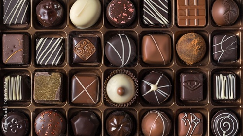 A detailed view of a rectangular gourmet chocolate box containing both milk and dark chocolates with decorative designs photo