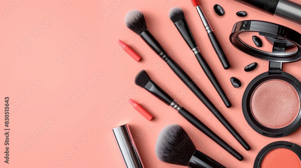A collection of cosmetics and brushes against a pink backdrop Inscribe text above image A collection of cosmetics and brushes against a pink backdrop Inscribe text above image