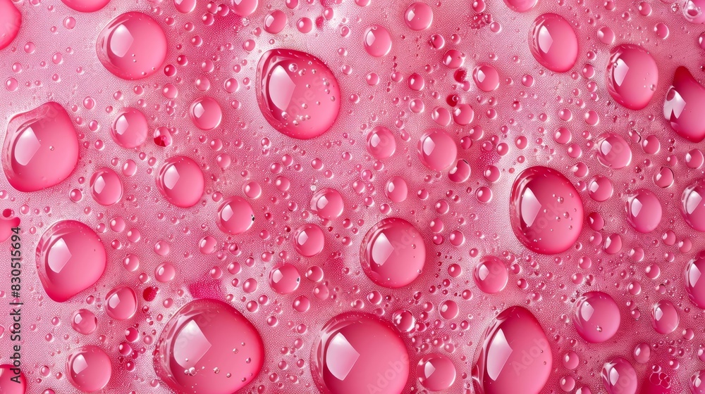 A close-up view of a pink background filled with numerous water drops at its base A close-up view of a pink background filled with numerous water drops at its base