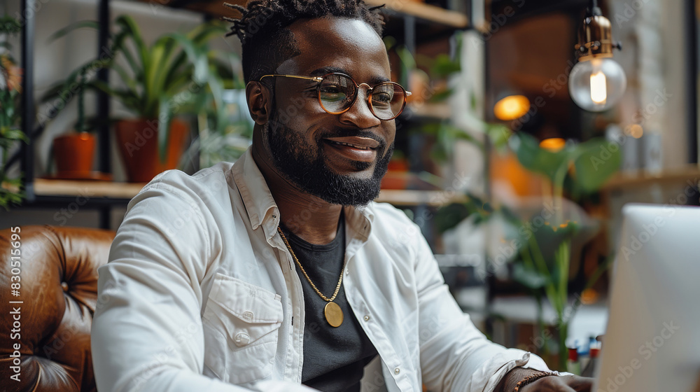 A black man sitting at computer in a stylish office. Generative AI. A black man sitting at computer in a stylish office. Generative AI.